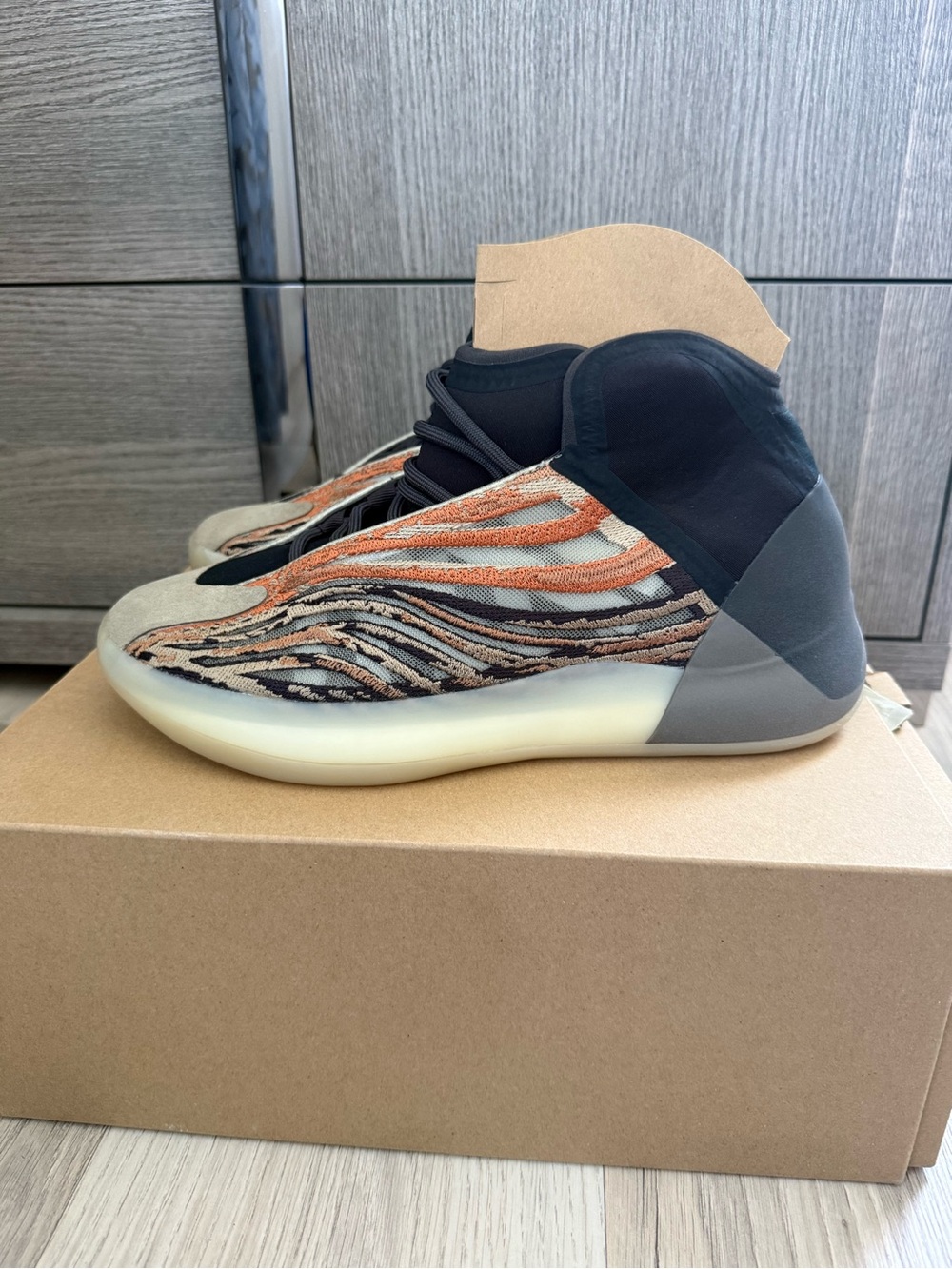 Yeezy High-Top Sneakers in Black, Orange & Tan
